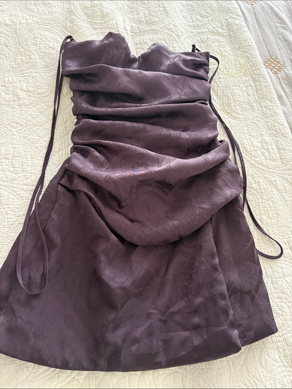 House of CB Plum Strapless Ruched Satin Dress